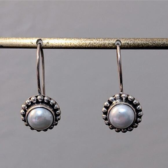 Vintage India 925 Mabe Pearl & Sterling Kidney Wire Dangle Earrings - Picture 1 of 5